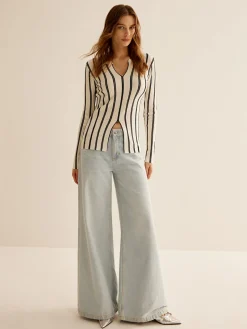 Split Pinstripe Slim Knit Top