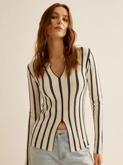 Split Pinstripe Slim Knit Top