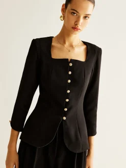 Square Neck Button Down Slit Blouse