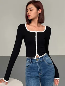 Square Neck Contrast Trim Long Sleeve Knit Shirt