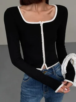 Square Neck Contrast Trim Long Sleeve Knit Shirt