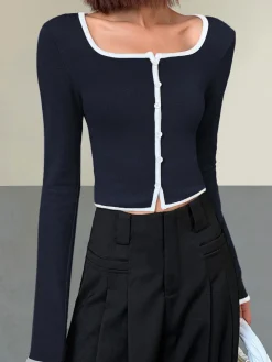 Square Neck Contrast Trim Long Sleeve Knit Shirt