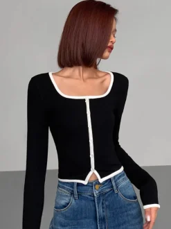 Square Neck Contrast Trim Long Sleeve Knit Shirt