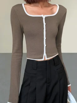 Square Neck Contrast Trim Long Sleeve Knit Shirt