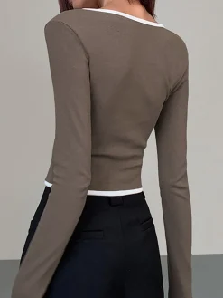 Square Neck Contrast Trim Long Sleeve Knit Shirt