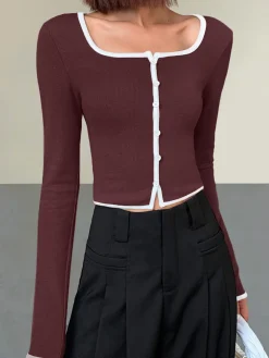 Square Neck Contrast Trim Long Sleeve Knit Shirt
