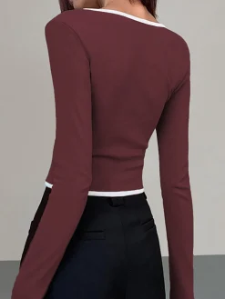 Square Neck Contrast Trim Long Sleeve Knit Shirt