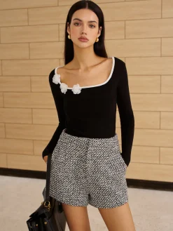 Square Neck 3D Flower Knit Top