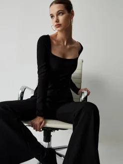 Square Neck Long Sleeve Flare Jumpsuit