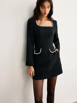 Square Neck Pearl Beaded Dress
