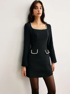 Square Neck Pearl Beaded Dress