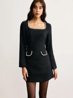 Square Neck Pearl Beaded Dress