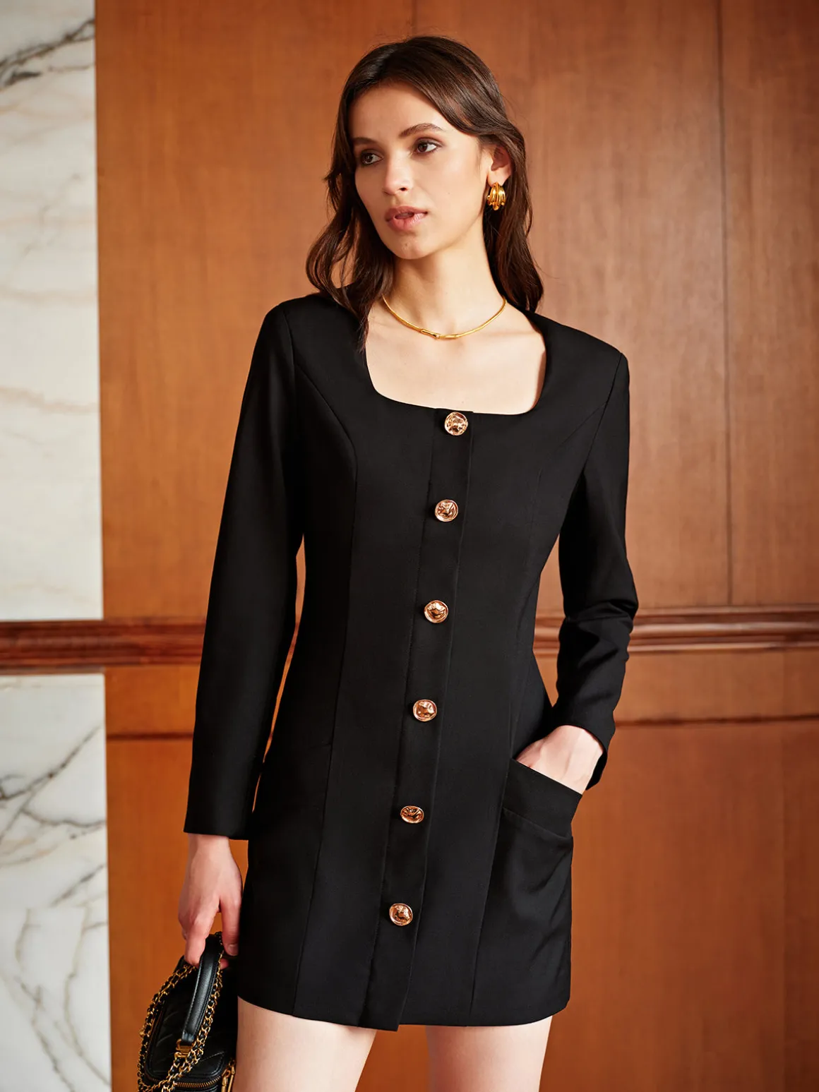 Square Neck Pockets Slim Dress