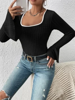 Square Neck Ruffle-Cuff Slim Top