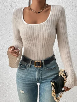 Square Neck Ruffle-Cuff Slim Top