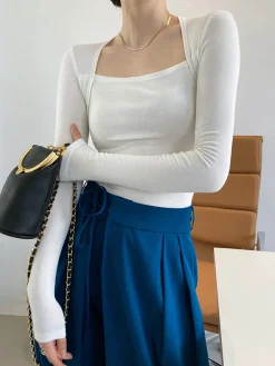 Square Neck Solid Long Sleeve Shirt