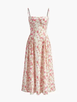 Square Neck Zipper Floral Dress