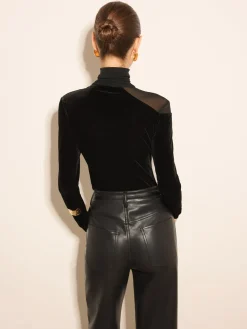 Stacking Neck Sheer-Detail Velvet Blouse