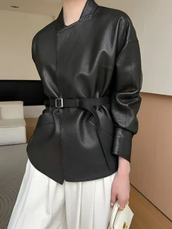 Stand Collar Belted Faux Leather Jacket