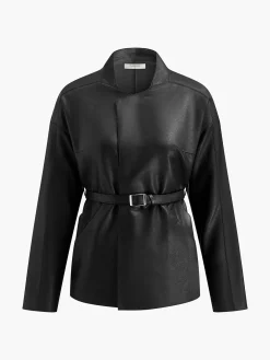 Stand Collar Belted Faux Leather Jacket