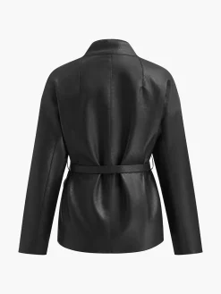 Stand Collar Belted Faux Leather Jacket