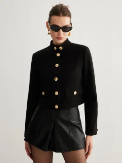 Stand Collar Button Tweed Short Jacket