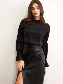 Stand Collar Chiffon Panel Blouse