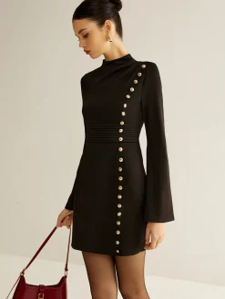 Stand Collar Cinched Short Dress