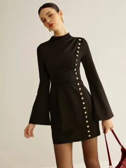 Stand Collar Cinched Short Dress
