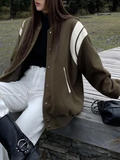Stand Collar Contrast Trim Pockets Jacket