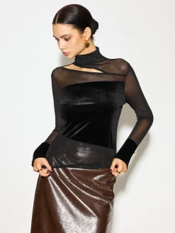 Stand Collar Cutout Mesh-Detail Velvet Top