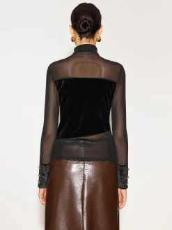 Stand Collar Cutout Mesh-Detail Velvet Top