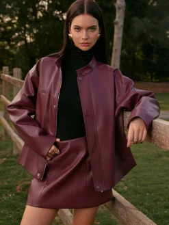 Stand Collar Faux Leather Zipper Jacket