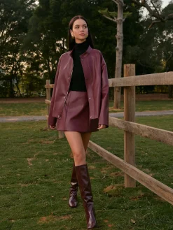 Stand Collar Faux Leather Zipper Jacket