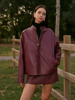 Stand Collar Faux Leather Zipper Jacket