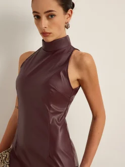 Stand Collar Faux Leather Skinny Tank Dress
