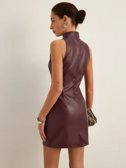 Stand Collar Faux Leather Skinny Tank Dress