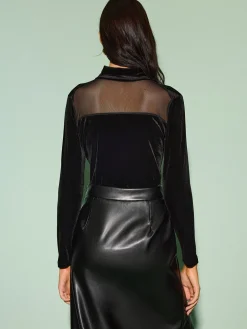 Stand Collar Mesh-Detail Velvet Top
