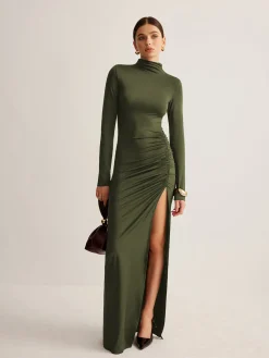 Stand-Collar Pleated Slit Jersey Dress