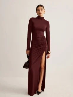 Stand-Collar Pleated Slit Jersey Dress