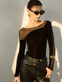 Straight Shoulder Sheer-Detail Slim Top