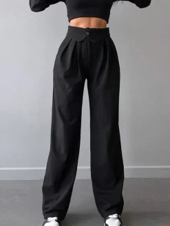 Street Fold Over Waistband Straight Leg Dress Pants