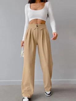 Street Fold Over Waistband Straight Leg Dress Pants