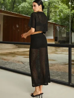 Stretch Crochet Button Skirt Set