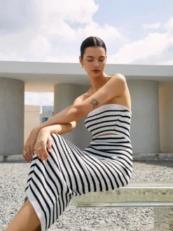 Stripe Cutout Rib Midi Tube Dress