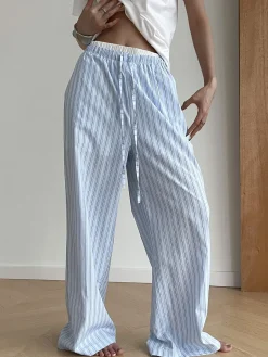 Stripe Loose Double-Waisted Tie Front Pants