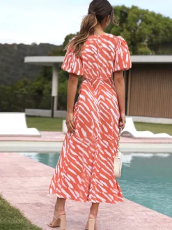 Stripe Pattern Cutout Long Dress