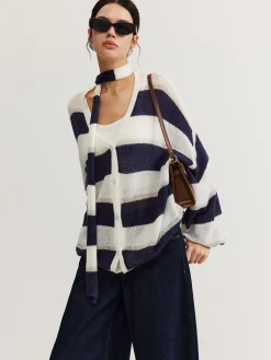 Striped Breasted Thin Cardigan With Scarf