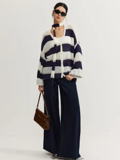 Striped Breasted Thin Cardigan With Scarf