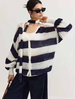 Striped Breasted Thin Cardigan With Scarf